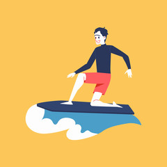A man surfer rides in the wave and surfs.