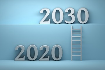 Concept way from 2020 to 2030 - future development business concept illustration. Ladder standing next to blue wall leading from year 2020 to year 2030. 3d illustration. - obrazy, fototapety, plakaty
