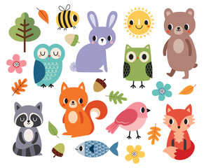 Vector set schattige bos dieren en vogels, bloemen en herfstbladeren, geïsoleerd op wit. Leuke kleurrijke elementen voor babyshower, kinderen, herfst en herfst, Thanksgiving, stickers en patches.