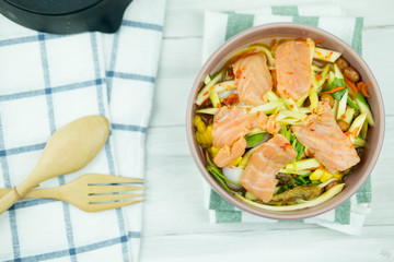Spicy slice mango salad with salmon