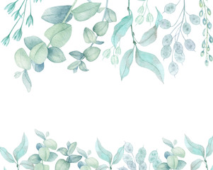Blue plants border. Branches of eucalyptus and dried bouquets for decoration. Christmas, winter holidays, wedding, invitations, planner decorative plant elements.Watercolor illustration. - 289686223
