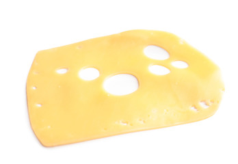 Slice of tasty maasdam cheese on white background
