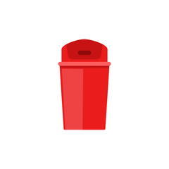 Red plastic trash can with closed flap lid - flat isolated wastebasket icon