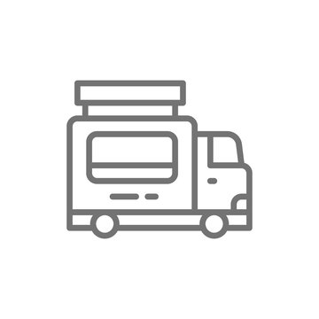 Catering food trailer, fast food truck line icon.