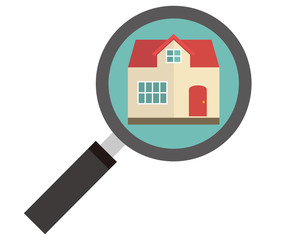 住宅　家　イラスト　一軒家　マイホーム　査定　虫眼鏡　見積