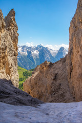 View from the Cristina fork near the Dolomite mountains near the Fratelli Fonda Savio refuge, Veneto - Italy