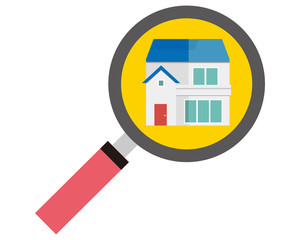 住宅　家　イラスト　一軒家　マイホーム　査定　虫眼鏡　見積