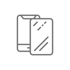 Vector protective glass on smartphone line icon.