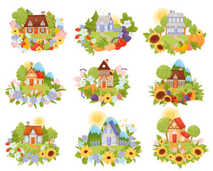Set of village houses in the meadow with a path. Vector illustration.