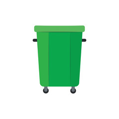 Green plastic trash can or bucket and recycle bin, waste container on wheels.