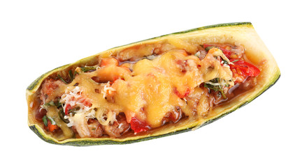 Delicious baked stuffed zucchini on white background, top view