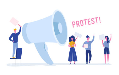 Angry Young People Holding Banners and Placards on Protest. Political Meeting or Rally with Huge Loudspeaker. Man and Woman Protesting on Demonstration. Vector flat illustration