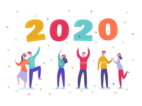 Christmas and Happy New Year greeting card with dancing people characters with 2020 year. Women invite and celebrate, party, winter holidays. Vector illustration for postcard, poster, invitation