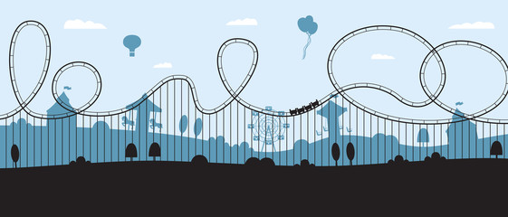 Rollercoaster banner - flat cartoon amusement park skyline silhouette © sabelskaya