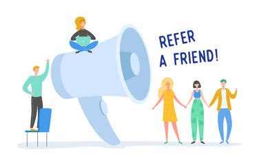 Digital Marketing Refer a Friend Concept. Megaphone Promotion with People. Huge Loudspeaker with Tiny Characters. Social Media Communication. Vector flat cartoon illustration
