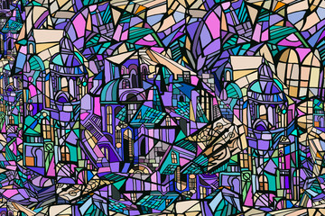 Vector seamless pattern with abstract fantasy Gothic city. Background with decorative Gothic roofs, windows and towers. Stained glass texture. Hand drawn.