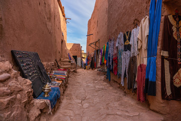 Streets in The fortified town of Ait ben Haddou near Ouarzazate on the edge of the sahara desert in...