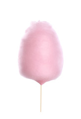 Young woman holding pink cotton candy on white background, closeup