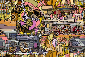Abstract vector seamless pattern featuring fantasy retro flying machines and steam locomotives in steampunk style illustrating vintage technologies or vintage toys. Hand drawn.  