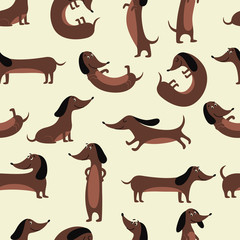 Dachshund dog seamless pattern - funny cartoon pet animal in different poses