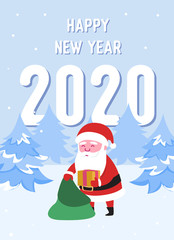 Fototapeta na wymiar Merry Christmas Postcard with Santa Claus and Gifts. Winter Holidays Greeting Card Template. Happy New 2020 Year Banner with Santa on Winter Snow Landscape with Fir Tree. Vector illustration