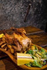 chicken meal in medieval tavern, Hungary