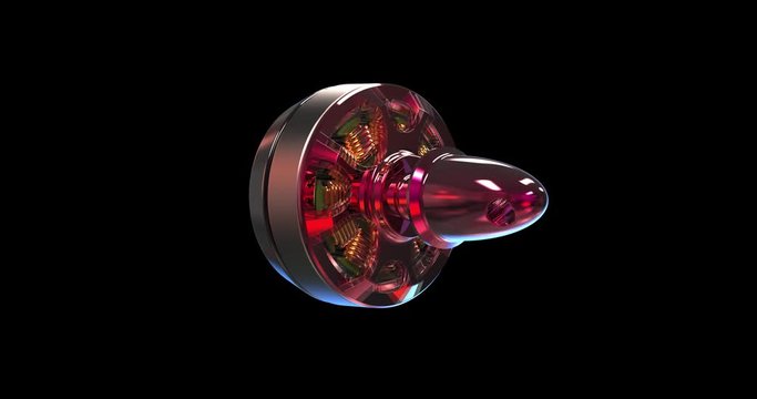 Seamless Loop of a Rotating Brushless Electric Motor of the Copter. Slow Motion Animation Isolated on a Black Background.