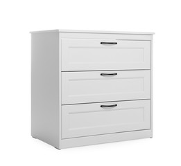 Modern wooden chest of drawers on white background
