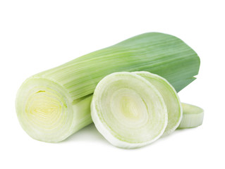 Fresh raw leek on white background. Ripe onion