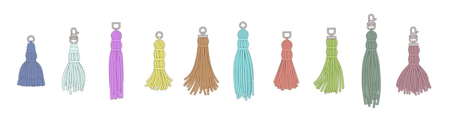 Isolated colorful tassel set in hand drawn cartoon style - obrazy, fototapety, plakaty