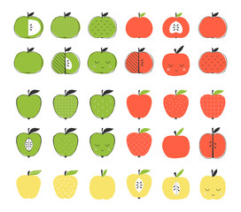 Big set of vector isolated apples. Green, red and yellow illustration.