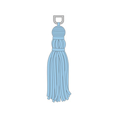 Light blue textile tassel with flowing rope skirt and metal suspension cord.