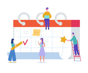 Business People Working on Schedule. Tiny Characters Planning Work Project on Desk Calendar. Reminder, Time Table Concept. Man and Woman Working Together. Vector illustration