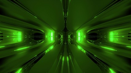 futuristic green alien style space ship tunnel corridor 3d rendering wallpaper background