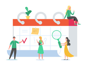 Business People Working on Schedule. Tiny Characters Planning Work Project on Desk Calendar. Reminder, Time Table Concept. Man and Woman Working Together. Vector illustration