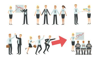 Sucessful Business People Characters Working in Office Set, Teamwork, Business Competition, Negotiation, Brainstorming Vector Illustration