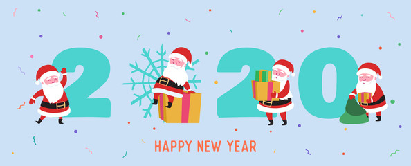 Happy Holidays Greeting Card with Santa Claus, Gift Boxes for Xmas Party. Merry Christmas Postcard. Happy New 2020 Year Banner with Santa for Poster, Invitation. Vector illustration