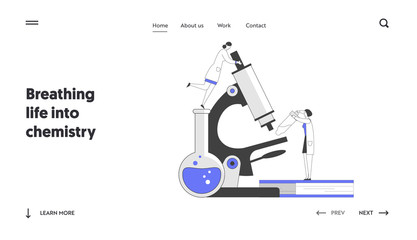 Pharmaceutic Laboratory Research Website Landing Page. Scientists Working in Chemistry Lab with Medical Equipment Microscope Flask Pipette Web Page Banner. Cartoon Flat Vector Illustration, Line Art