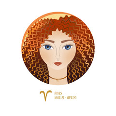 Zodiac sign Aries, female portrait with red curly hair in a round frame. Idea of astrological prediction and fortune. Perfect as an avatar, calendar or a postcard