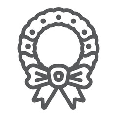 Christmas wreath with bow line icon, christmas and decor, holiday wreath sign, vector graphics, a linear pattern on a white background.
