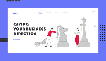 Business Strategy Website Landing Page. Woman Stand near King Chess Piece, Man Pushing Horse. Victory in Battle, Checkmate Loss in Business. Web Page Banner. Cartoon Flat Vector Illustration, Line Art