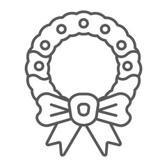 Christmas wreath with bow thin line icon, christmas and decor, holiday wreath sign, vector graphics, a linear pattern on a white background.