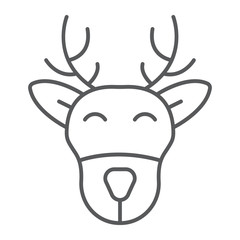 Christmas deer thin line icon, christmas and moose, reindeer sign, vector graphics, a linear pattern on a white background.
