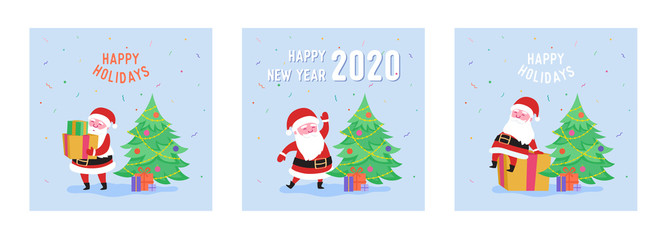 Happy Holidays Greeting Cards Set with Santa Claus, Gift Boxes and Xmas Party Tree. Merry Christmas Postcard. Happy New 2020 Year Banner with Santa for Poster, Invitation. Vector illustration