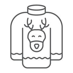 Christmas sweater thin line icon, holiday and clothes, sweater with deer sign, vector graphics, a linear pattern on a white background.