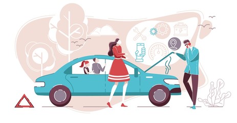 Car Failure with Couple Standing near Broken Car.