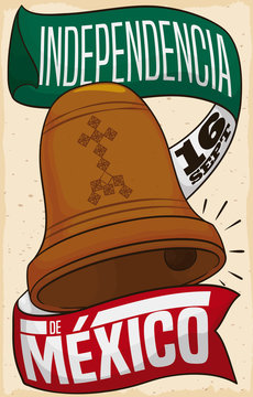 Bell Ringing with Greeting Ribbons during Mexican Independence Day, Vector Illustration