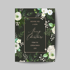 Elegant Merry Christmas and New Year 2020 Card with Pine Wreath, Mistletoe, Winter plants design illustration for greetings, invitation 2019, flyer, brochure, cover in vector