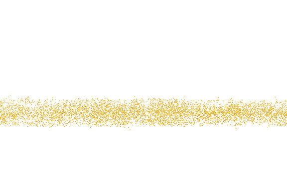 Horizontal strip sprinkled with crumbs golden texture. Background Gold dust on a white background. Sand particles grain or sand. Vector backdrop golden path. Pieces grunge for design illustration