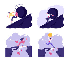 Set of Business People Running Away From Big Stone Rolling Down from Hill. Careerist, Social Climber Run over Head of Businessman Colleague. Challenge or Problems. Cartoon Flat Vector Illustration